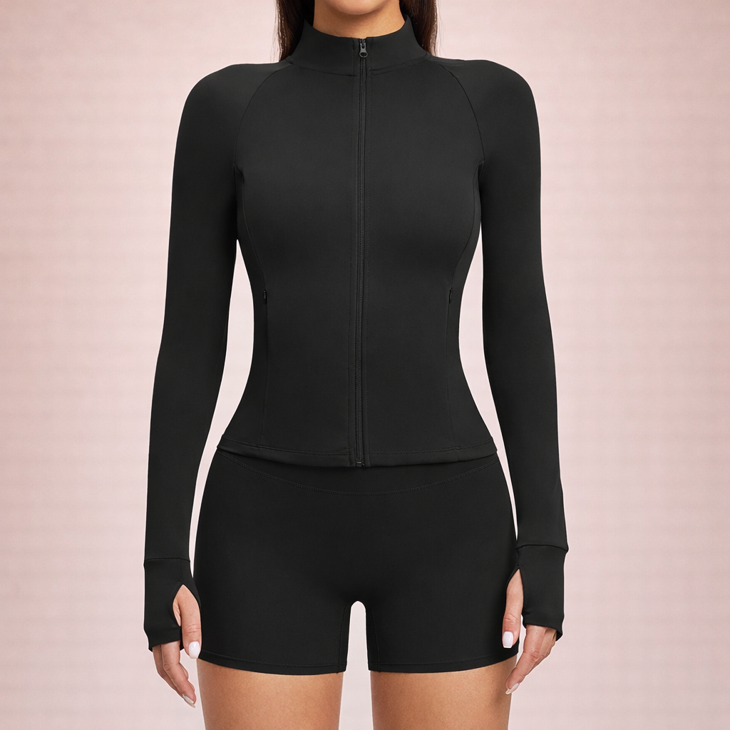 FlexFit 2-Piece Set – Long Sleeve Jacket & High-Waist Yoga Shorts