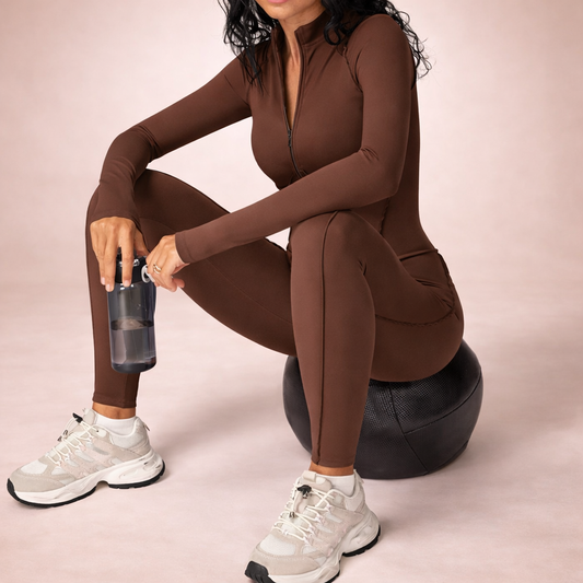 Mocha Sculpt Zip Jumpsuit – Seamless Long Sleeve One-Piece