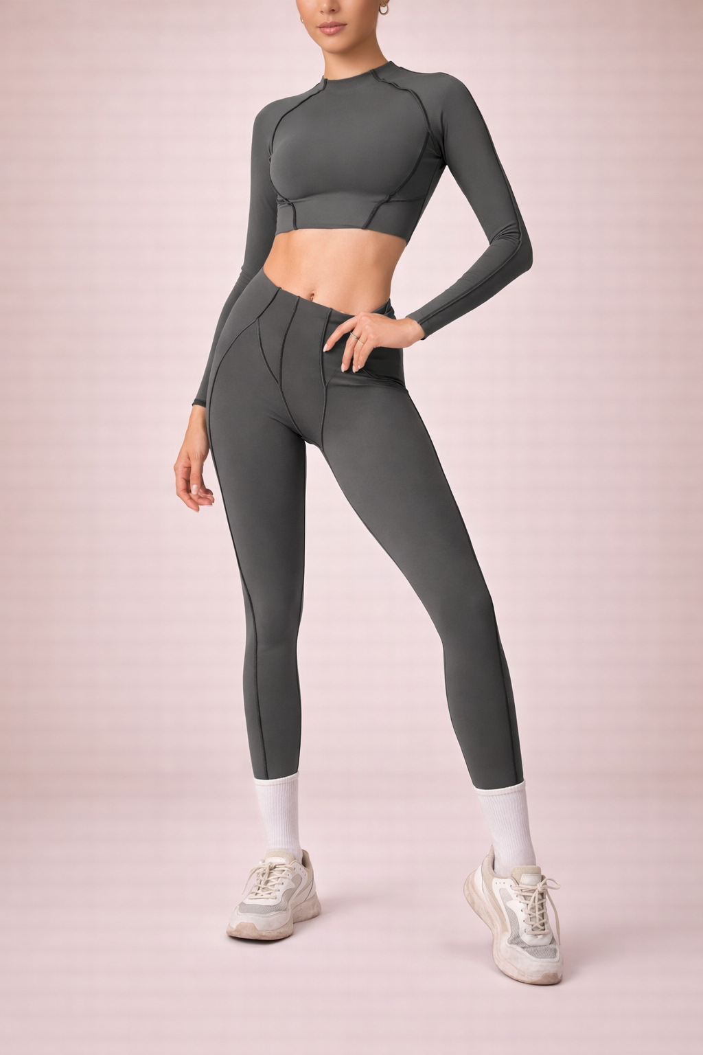 Women's Yoga Suit Long Sleeve Crop Top and High Waist Leggings Fitness Set