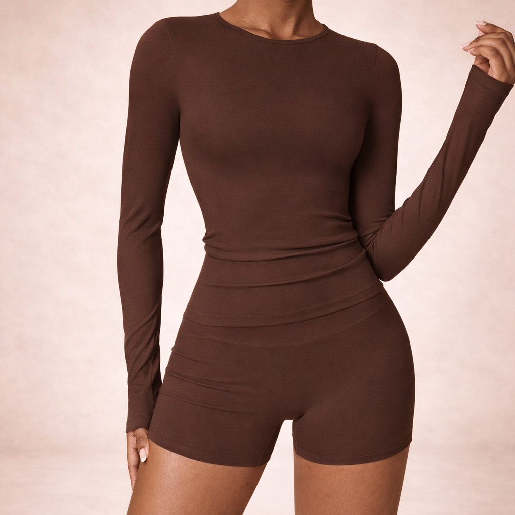 Women’s Sculpting 2-Piece Set – Long Sleeve Top & High-Waist Shorts