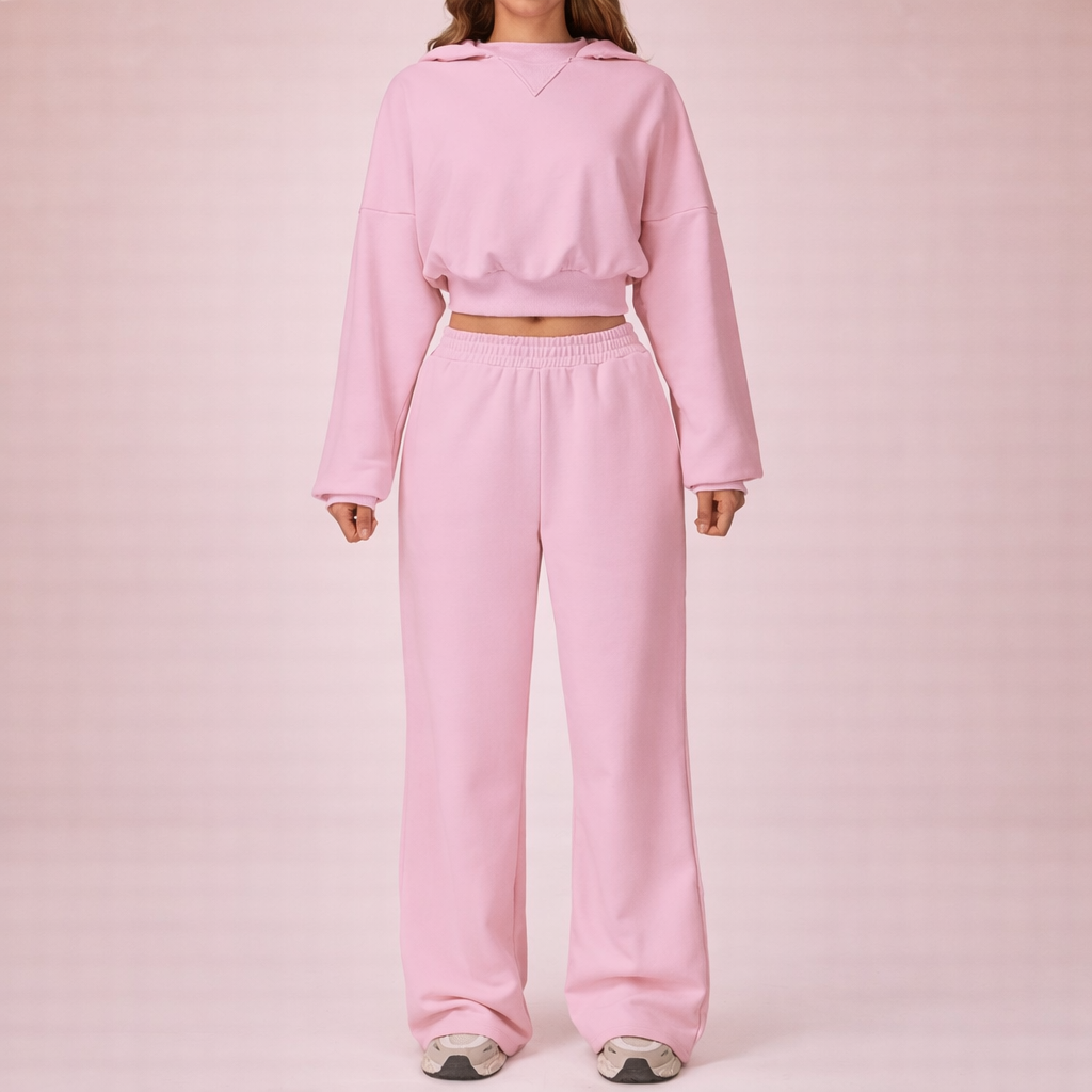 Women’s Cropped Hoodie & High-Waist Sweatpants Set – Cozy Autumn Lounge Tracksuit