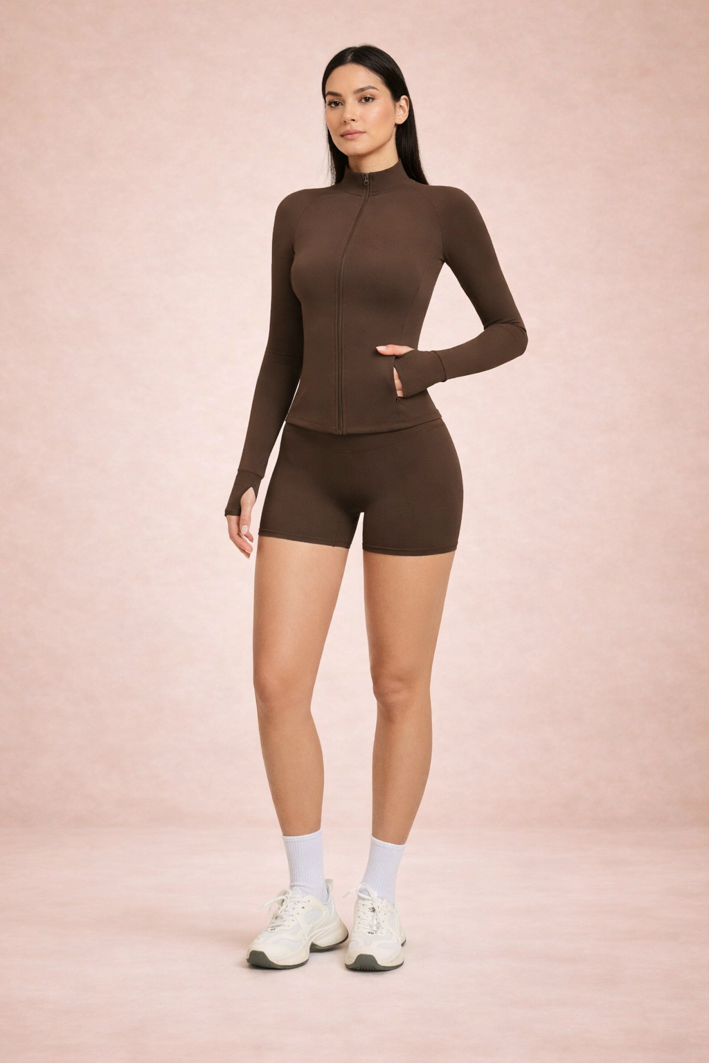 FlexFit 2-Piece Set – Long Sleeve Jacket & High-Waist Yoga Shorts