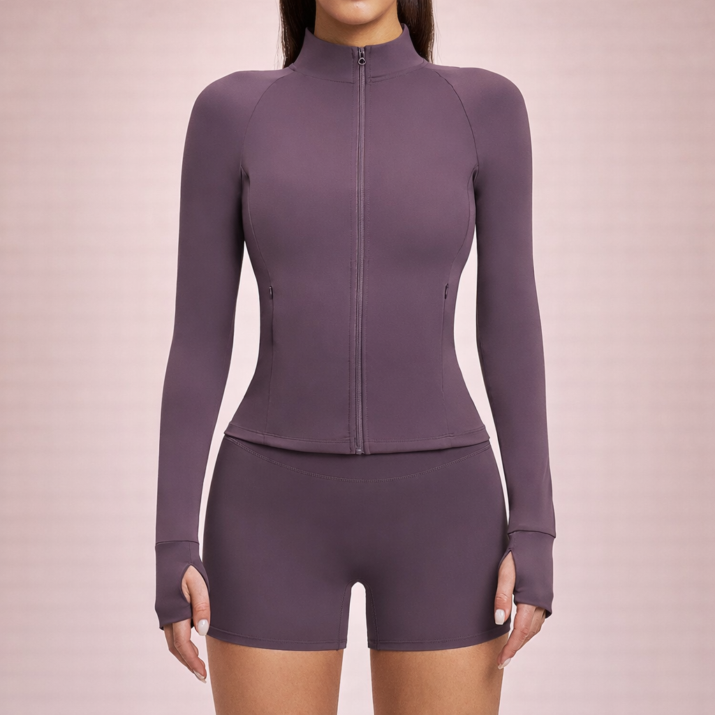 FlexFit 2-Piece Set – Long Sleeve Jacket & High-Waist Yoga Shorts