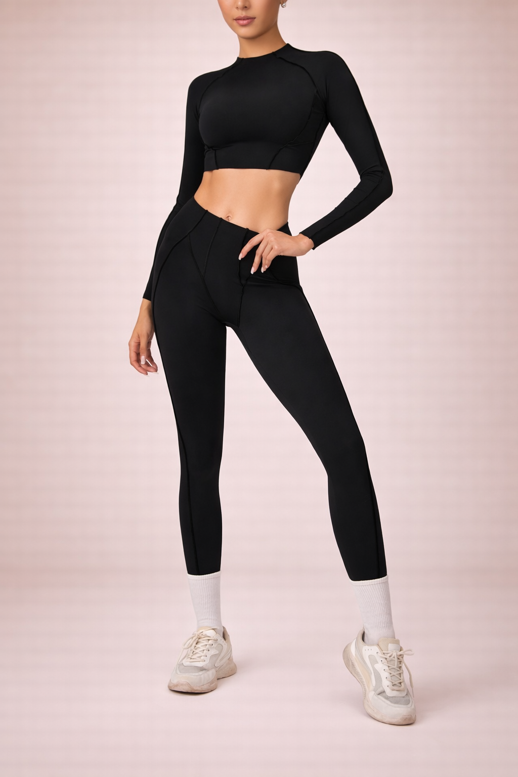Women's Yoga Suit Long Sleeve Crop Top and High Waist Leggings Fitness Set