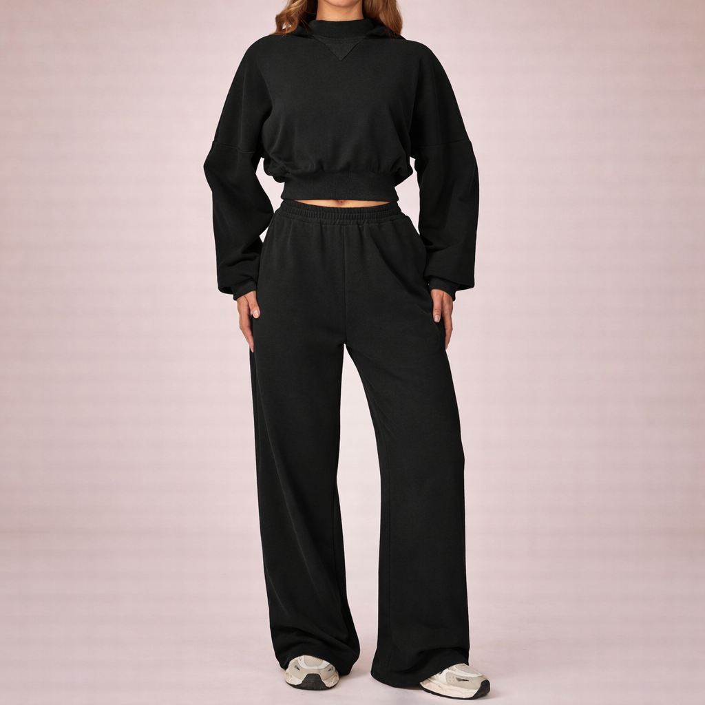 Women’s Cropped Hoodie & High-Waist Sweatpants Set – Cozy Autumn Lounge Tracksuit
