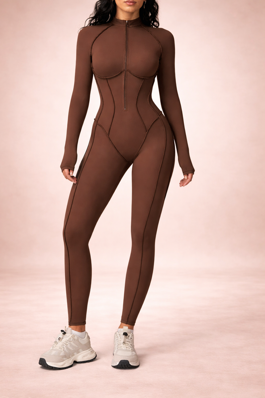 Mocha Sculpt Zip Jumpsuit – Seamless Long Sleeve One-Piece
